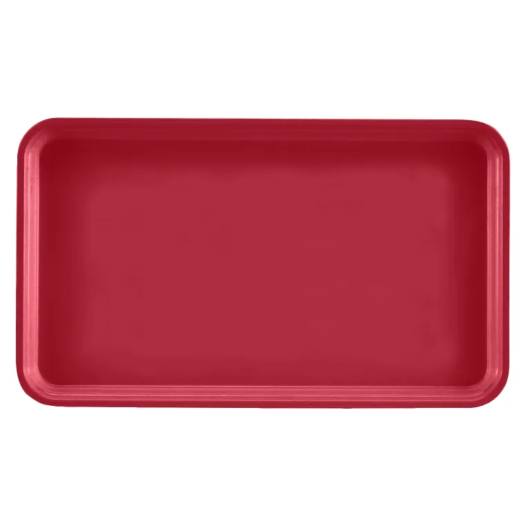 A rectangular, red Camtray serving tray with raised edges, seen from above on a white background. Made of high-impact fiberglass, this dishwasher safe tray features a smooth surface and rounded corners.