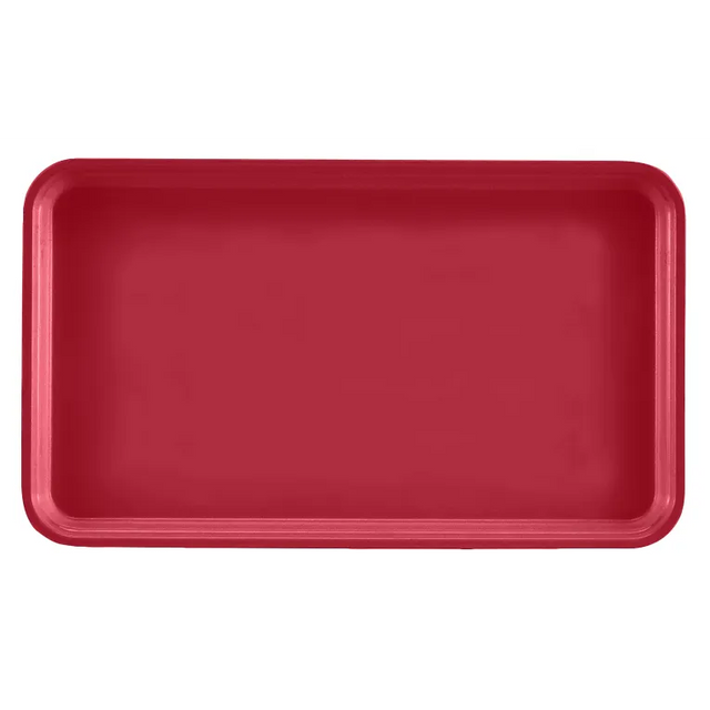 A rectangular, red Camtray serving tray with raised edges, seen from above on a white background. Made of high-impact fiberglass, this dishwasher safe tray features a smooth surface and rounded corners.
