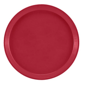 A plain, round red fiberglass tray with slightly raised edges is shown against a white background. The NSF Serving Camtray features a smooth, solid surface with no designs or patterns.
