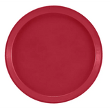 A solid red, round Serving Camtray with a slightly raised edge is shown on a white background. The glossy fiberglass tray is simple and unadorned, offering a smooth surface that is both dishwasher safe and free of visible patterns or textures.