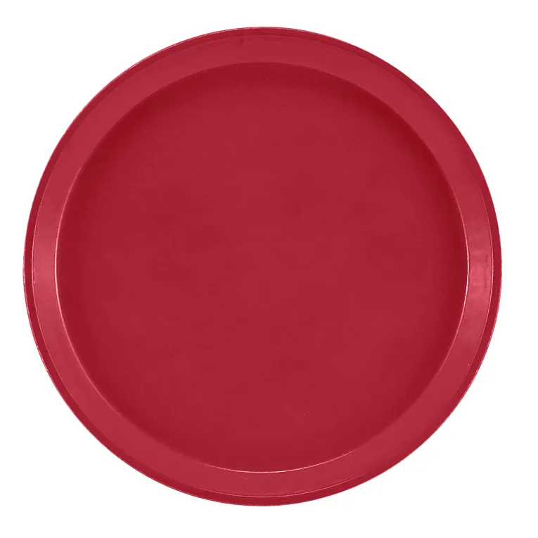 A plain, round, red fiberglass Serving Camtray with a slightly raised edge is shown against a white background. The NSF-listed tray features a smooth surface and a simple, solid color design with no patterns or decorations.
