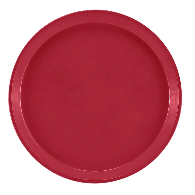A plain, round, red fiberglass Serving Camtray with a slightly raised edge is shown against a white background. The NSF-listed tray features a smooth surface and a simple, solid color design with no patterns or decorations.