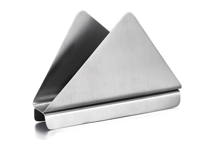 A brushed stainless steel napkin holder with two triangular sides and a flat base, designed to keep napkins upright. The smooth, shiny surface reflects light, and the holder is photographed against a plain white background.