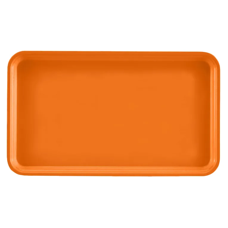 A rectangular orange Camtray with rounded corners and slightly raised edges, shown from above on a plain white background. This high-impact fiberglass tray features a smooth, glossy surface and is dishwasher safe for easy cleaning.