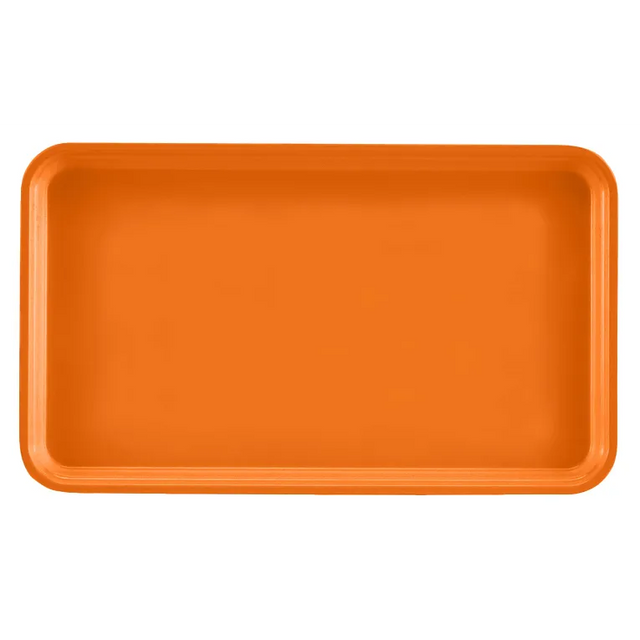 A rectangular orange Camtray with rounded corners and slightly raised edges, shown from above on a plain white background. This high-impact fiberglass tray features a smooth, glossy surface and is dishwasher safe for easy cleaning.