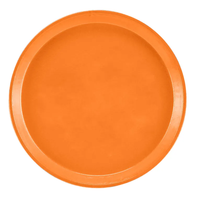 A round, flat Serving Camtray in a solid, bright orange color is shown against a white background. The fiberglass tray has a slightly raised rim and a smooth, glossy surface. It is also dishwasher safe for easy cleaning.