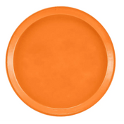 A round, flat Serving Camtray in a solid, bright orange color is shown against a white background. The fiberglass tray has a slightly raised rim and a smooth, glossy surface. It is also dishwasher safe for easy cleaning.