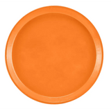 A plain, round, orange Serving Camtray is shown from above against a white background. The tray features a raised rim and a smooth surface with no patterns or designs and is dishwasher safe for easy cleaning.