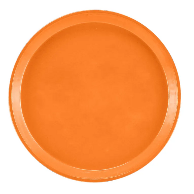 A round, flat orange Serving Camtray with a raised edge is shown against a white background. The fiberglass tray features a smooth surface, is dishwasher safe, and has a uniform, vibrant color with a simple and modern design.