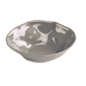 A shallow, round Marin Bowl in ash grey with an irregular, wavy rim and a glossy, reflective surface, set against a plain white background.