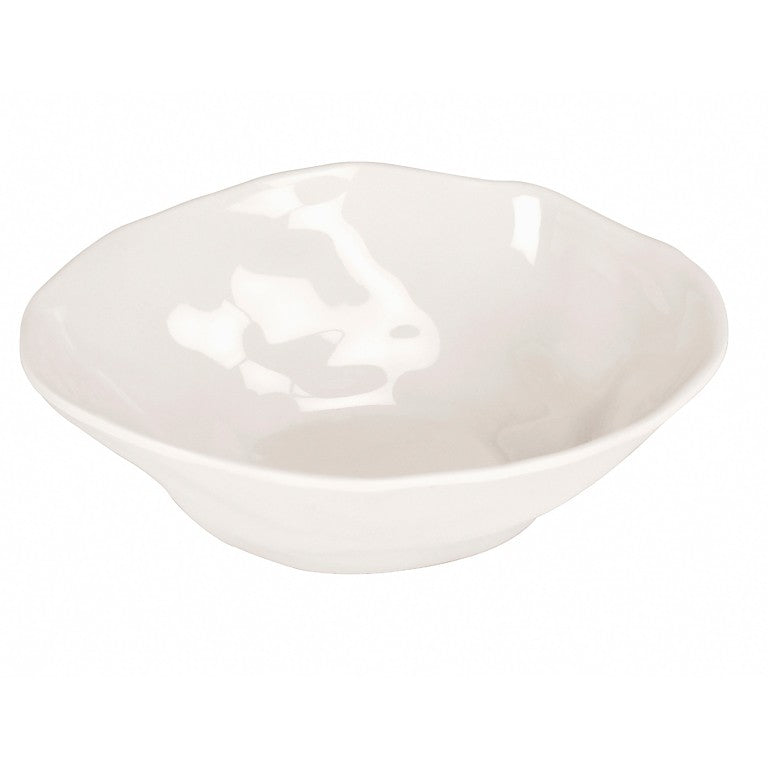 A plain ivory bowl with a slightly wavy, uneven rim. The bowl has a glossy finish and smooth texture, and it sits on a flat surface against a white background.