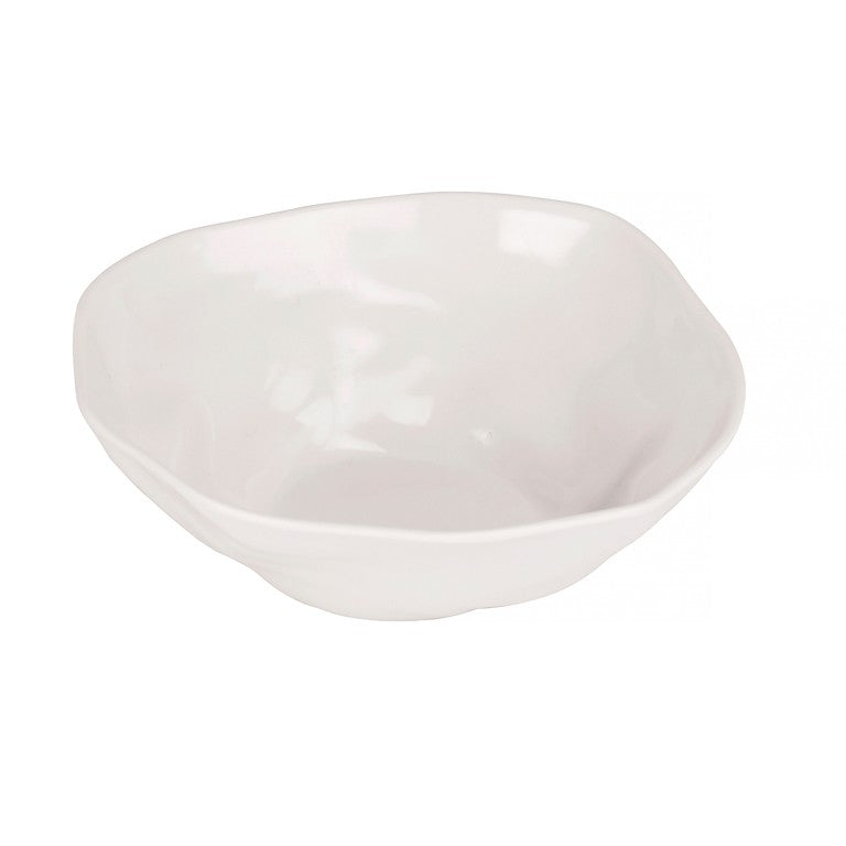 A small, ivory bowl with an irregular, organic shape and gently curved edges, photographed against a plain white background. The bowl has a glossy finish and a minimalist, modern design.