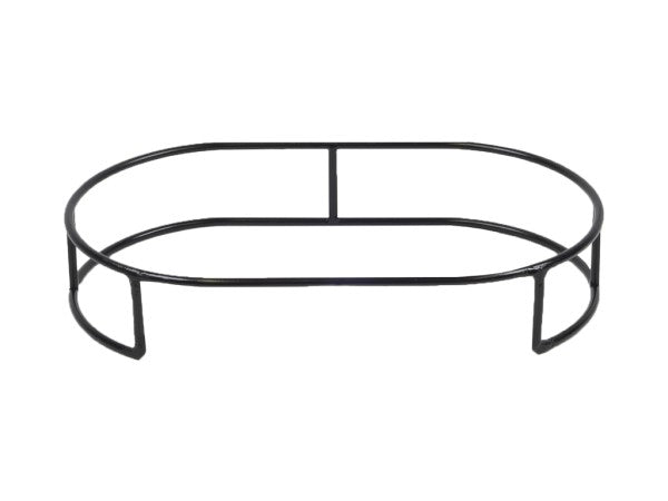 A black, oval-shaped metal Platter Riser with open sides and a horizontal support bar in the center, designed to hold or display Sedona platters above a flat surface. The structure is minimalist and lacks any decorative features.