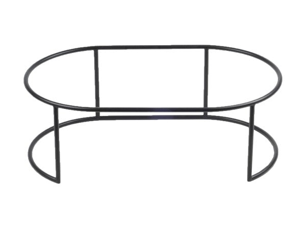 A metal black oval-shaped Platter Riser with an open center, supported by four curved legs and three vertical bars. The minimalistic, modern design is perfect for displaying Sedona platters, photographed against a white background.