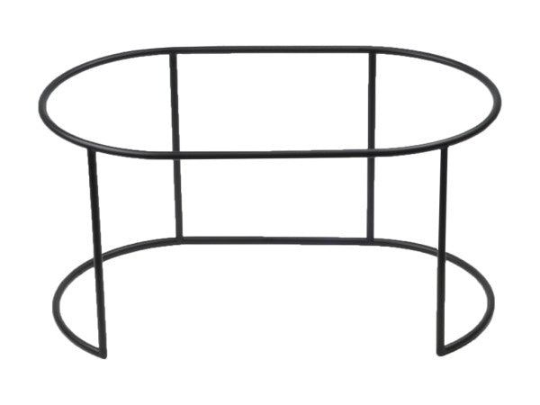 A minimalist black metal platter riser with an oval top and bottom, connected by four vertical rods. The open structure lacks any tabletop or shelves, showcasing a simple, modern, and geometric design—ideal for displaying Sedona platters.