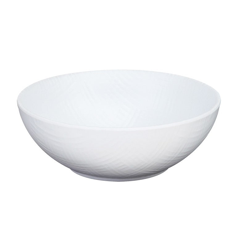 A plain, white bowl with gently sloping sides and a small, raised base. This ceramic, dishwasher safe bowl features a smooth, slightly glossy finish with faint textured lines and is photographed empty against a white background.