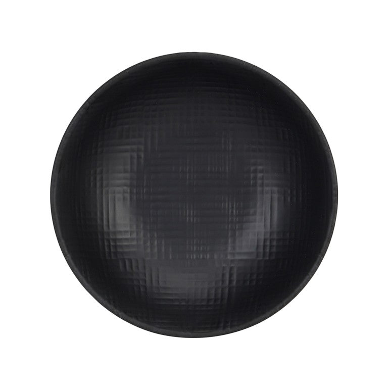 A round, black serving bowl viewed from above. The inside features a subtle, textured pattern of intersecting lines for a woven look. This matte melamine bowl offers slightly reflective highlights and is both stylish and dishwasher safe.
