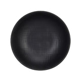A round, black serving bowl viewed from above. The inside features a subtle, textured pattern of intersecting lines for a woven look. This matte melamine bowl offers slightly reflective highlights and is both stylish and dishwasher safe.
