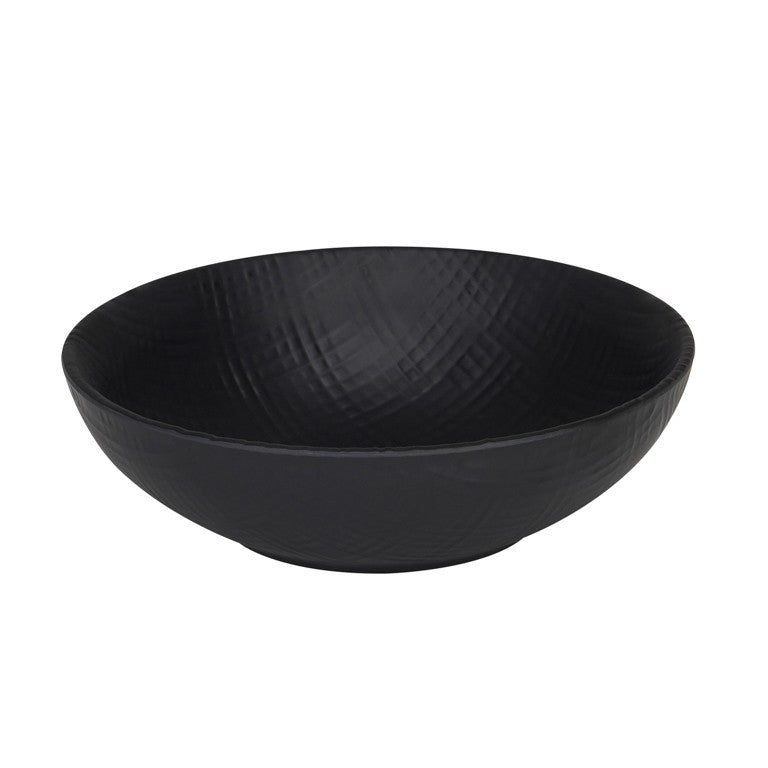 A matte black melamine bowl with a wide opening and gently sloping sides. Subtle textured lines enhance its modern, minimalist appearance. This dishwasher safe bowl sits elegantly on a plain white background.
