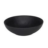 A matte black melamine bowl with a wide opening and gently sloping sides. Subtle textured lines enhance its modern, minimalist appearance. This dishwasher safe bowl sits elegantly on a plain white background.