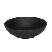 A matte black melamine bowl with a wide opening and gently sloping sides. Subtle textured lines enhance its modern, minimalist appearance. This dishwasher safe bowl sits elegantly on a plain white background.
