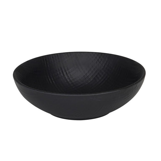 A matte black melamine bowl with a wide opening and gently sloping sides. Subtle textured lines enhance its modern, minimalist appearance. This dishwasher safe bowl sits elegantly on a plain white background.