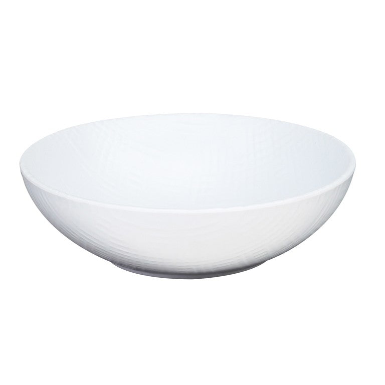 A plain, round, white serving bowl with a smooth, slightly glossy ceramic surface. With gently curved sides and a flat base, this minimalist bowl is perfect for serving food and adds a modern touch to any table setting.
