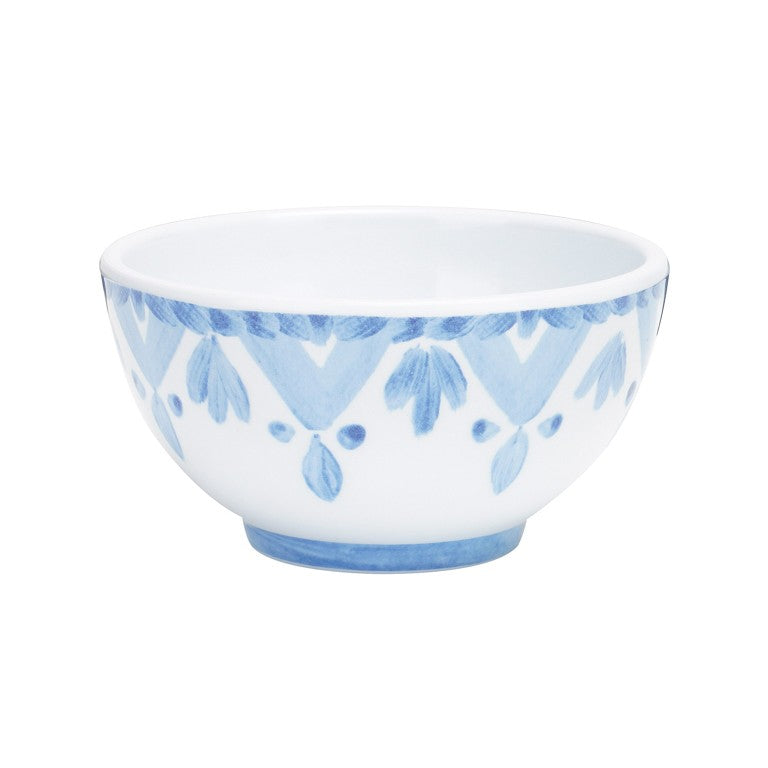 A small white Cal-Mil melamine bowl with a blue hand-painted pattern around the rim. The design features geometric chevrons and leaf-like shapes. This 8 oz bowl has a slightly flared rim and a round base, all set against a plain white background.
