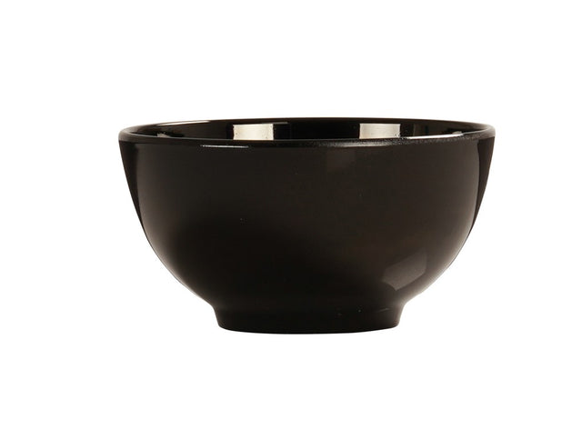 A simple, glossy black Botanica bowl with a rounded shape and slightly flared rim, shown on a white background. The 8 oz bowl is empty and its smooth surface reflects light, highlighting its minimalist and modern design.
