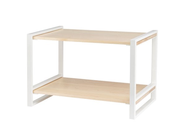 A minimalist, 2-tier display riser with a maple wood finish and white metal rectangular frame, featuring open sides and a modern, simple design. Two flat surfaces provide storage with clean lines and no visible back or doors.