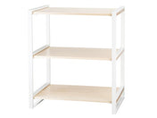 A simple, modern 3-tier riser with a white metal frame and light maple wood shelves. The minimalistic design features open sides and back, with evenly spaced tiers. This contemporary display riser is both functional and stylish.