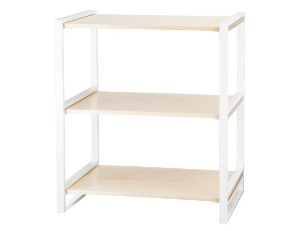 A simple, modern 3-tier riser with a white metal frame and light maple wood shelves. The minimalistic design features open sides and back, with evenly spaced tiers. This contemporary display riser is both functional and stylish.