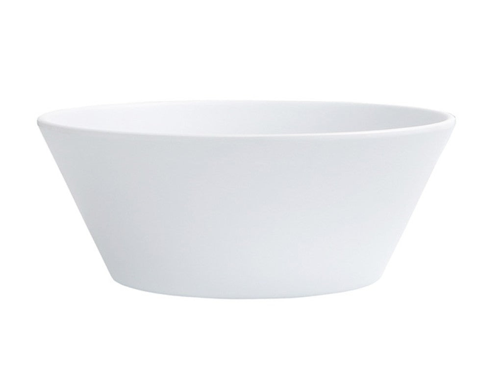 A plain, white coupe bowl with smooth sides and a wide rim is shown on a white background. This 13 oz bowl features a minimalist design and slightly tapered shape, with the base narrower than the top.