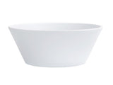 A plain, white coupe bowl with smooth sides and a wide rim is shown on a white background. This 13 oz bowl features a minimalist design and slightly tapered shape, with the base narrower than the top.