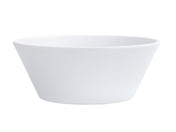 A plain, white coupe bowl with smooth sides and a wide rim is shown on a white background. This 13 oz bowl features a minimalist design and slightly tapered shape, with the base narrower than the top.