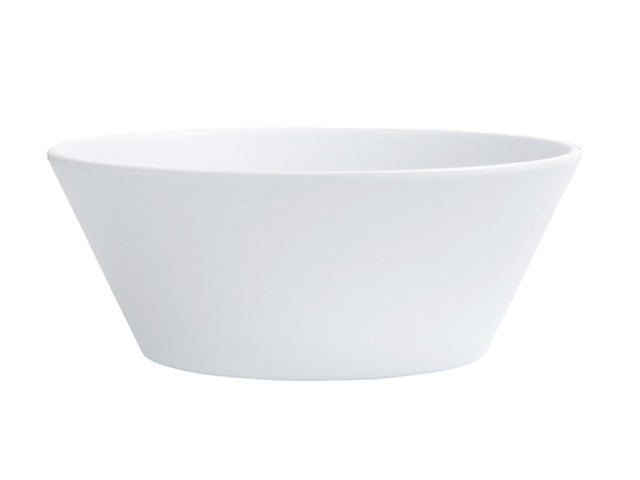 A plain, white coupe bowl with smooth sides and a wide rim is shown on a white background. This 13 oz bowl features a minimalist design and slightly tapered shape, with the base narrower than the top.