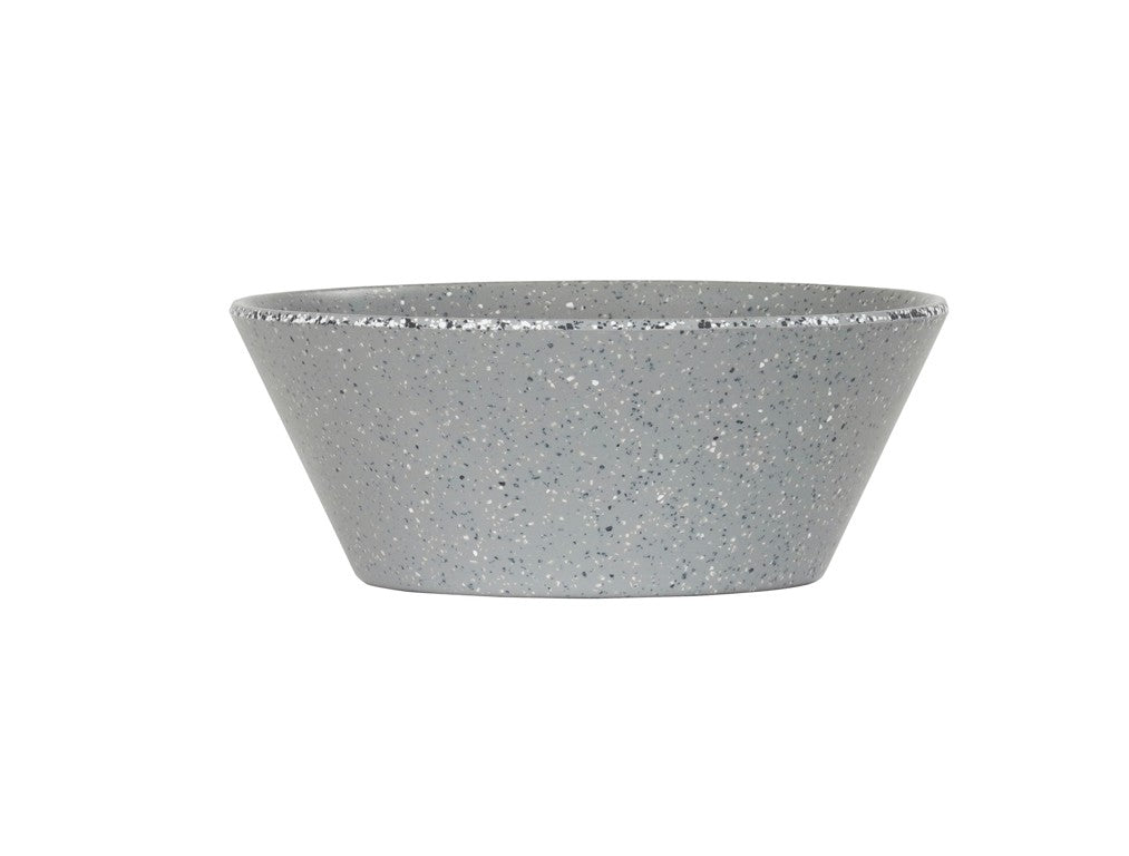 A gray, round, conical matte finish bowl with a wide rim and narrow base, featuring a speckled pattern of small white and darker gray dots across its surface. The empty Coronado bowl is set against a plain white background.