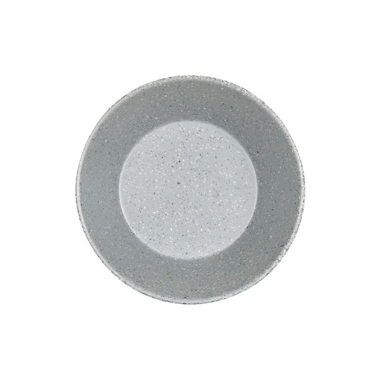 A round, shallow matte finish bowl in light gray ceramic with a speckled pattern, viewed from above on a plain white background. The surface is smooth with a subtle sheen and features a slightly darker rim.