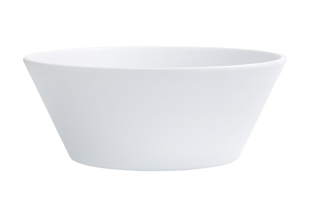 A plain, white coupe bowl with a wide rim and slightly tapered base, photographed against a white background. This 28 oz bowl is empty and features a smooth, glossy ceramic finish.