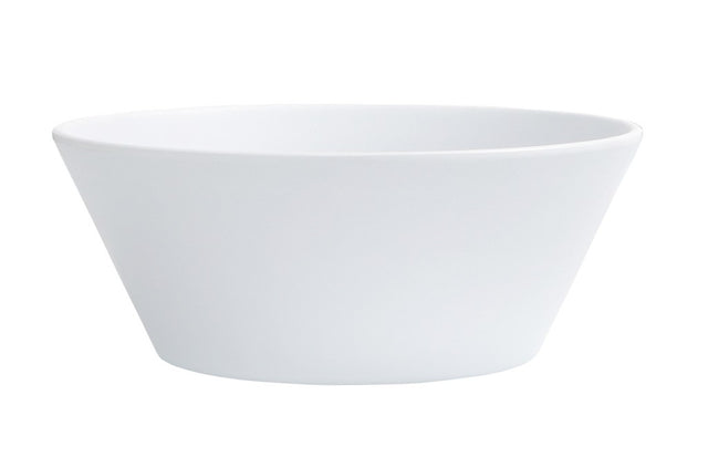 A plain, white coupe bowl with a wide rim and slightly tapered base, photographed against a white background. This 28 oz bowl is empty and features a smooth, glossy ceramic finish.