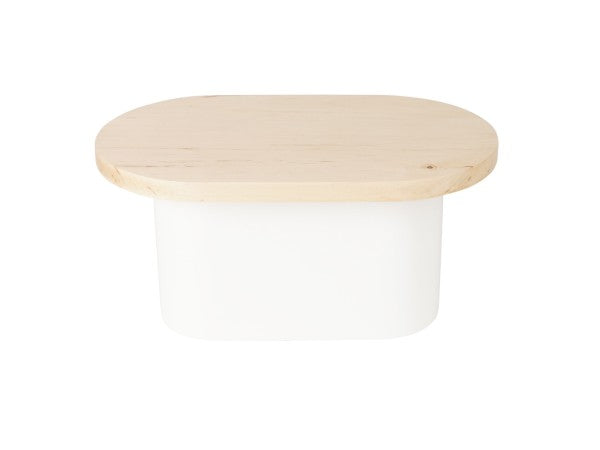 A small container with a white metal base and a flat, oval-shaped maple wood top. The minimalist design contrasts the smooth, opaque white body with the natural grain and pale color of the wood. The background is plain white.