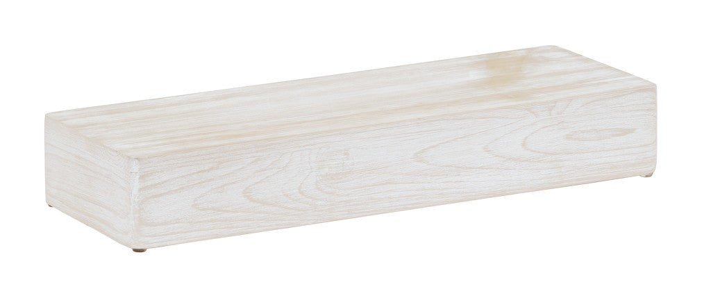 A rectangular, light wood riser crafted from white-washed pine wood with visible grain patterns. The smooth surface and sharp edges create a modern, minimalist Newport-inspired look. Slightly raised on small feet, it offers a sleek presentation.