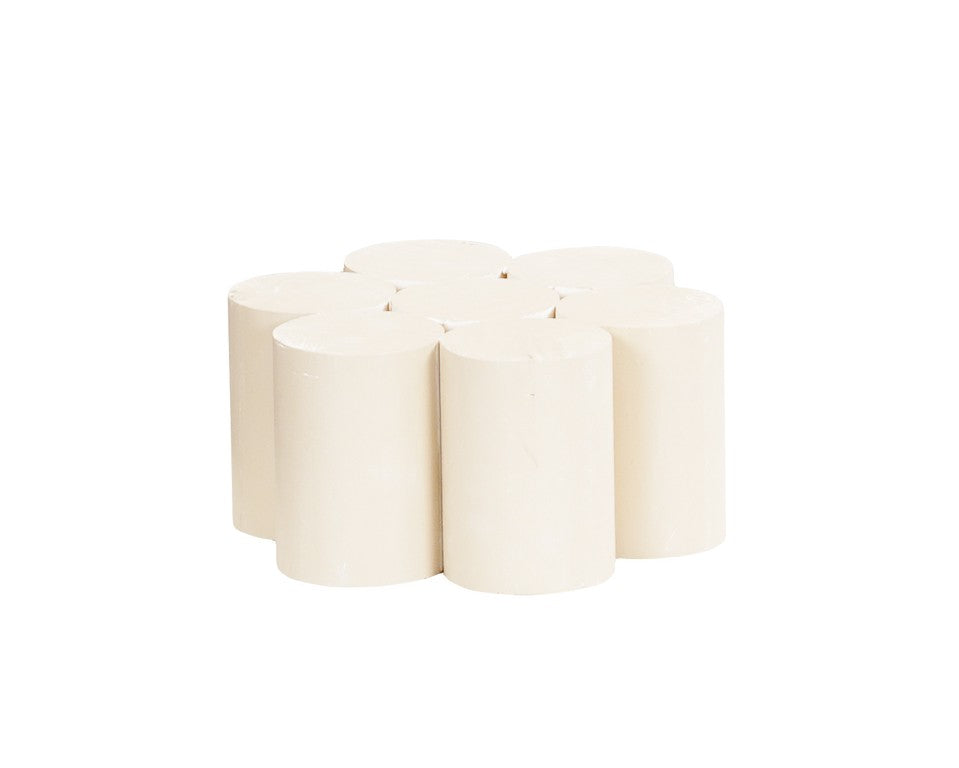 A cream-colored, flower-shaped riser base made of eight cylindrical segments arranged in a circle on a white background. The cylinders stand upright and closely touch, giving the piece a smooth, modern, and minimalist appearance.