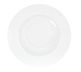 A plain, white, round porcelain plate seen from above on a white background. The empty plate features a shallow central area with a wide, smooth rim, resembling the minimalistic design of a classic white rimmed bowl.