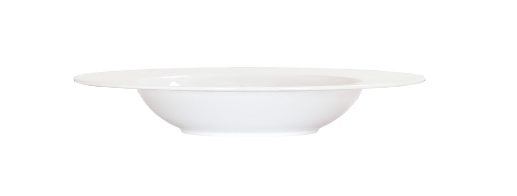 A plain, white rimmed bowl with a minimalist design and smooth surface, viewed from the side against a white background. This 16 oz bowl is perfect for serving soup or pasta and will complement any modern table setting.