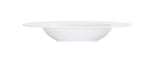 A plain, white rimmed bowl with a minimalist design and smooth surface, viewed from the side against a white background. This 16 oz bowl is perfect for serving soup or pasta and will complement any modern table setting.