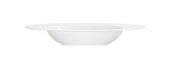 A plain, white rimmed bowl with a minimalist design and smooth surface, viewed from the side against a white background. This 16 oz bowl is perfect for serving soup or pasta and will complement any modern table setting.