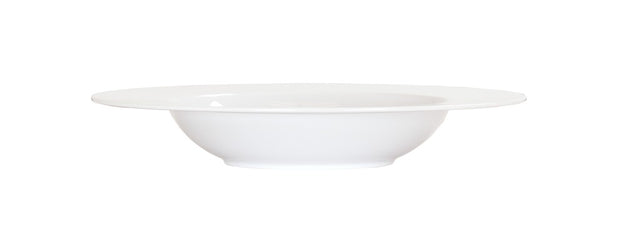 A plain, white rimmed bowl with a minimalist design and smooth surface, viewed from the side against a white background. This 16 oz bowl is perfect for serving soup or pasta and will complement any modern table setting.