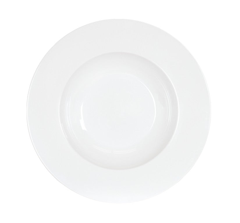 A plain white, round ceramic dinner plate photographed from above against a white background. The plate has a wide rim and a shallow center, similar to a classic white rimmed bowl, with no visible patterns or decorations.