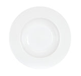 A plain white, round ceramic dinner plate photographed from above against a white background. The plate has a wide rim and a shallow center, similar to a classic white rimmed bowl, with no visible patterns or decorations.